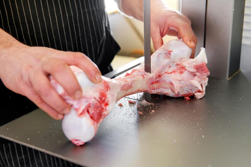 butcher-slicing-calf-femur-band-saw-butcher-slicing-fresh-trimmed-raw-calf-femur-band-saw-to-make-marrow-bones-175026938